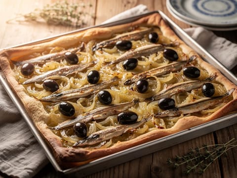 Pissaladière (niçoise löktarte med ansjovis och oliver)