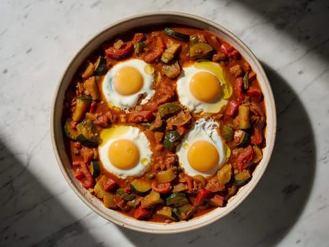 Pisto Manchego con Huevos (Gemüseeintopf aus La Mancha mit Spiegeleiern)