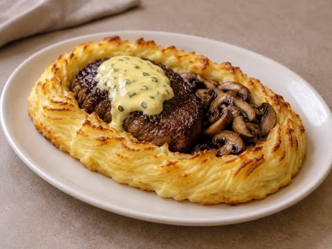 Plankstek (nordisches Steak mit überbackenem Kartoffelpüree und Béarnaise)