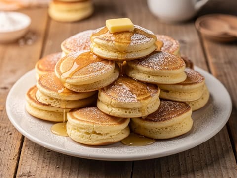 Poffertjes (mini panquecas holandesas de levedura com manteiga e açúcar em pó)