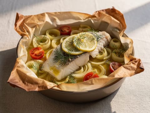 Poisson en Papillote (poisson cuit en papillote avec poireaux et citron)