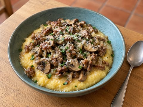 Polenta con Salsiccia e Funghi (polenta makkaran ja sienten kanssa)