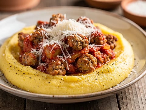 Polenta con Salsiccia (polenta med tomat- och korvragù)