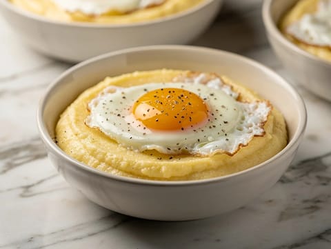 Polenta Cremosa con Uova (kermainen polenta paistetuilla munilla)