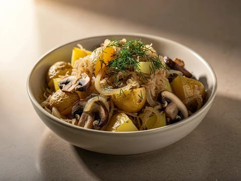 Bowl di patate in stile polacco con funghi e crauti