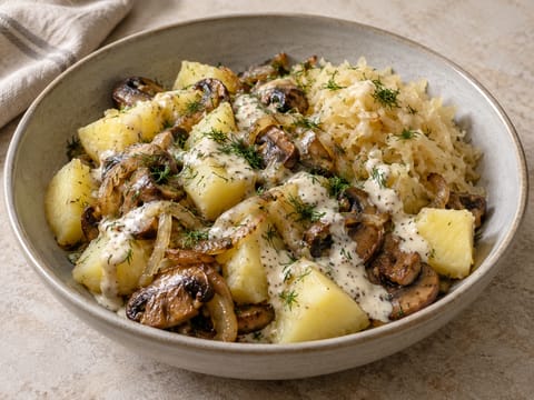Poolse aardappelbowl met paddenstoelen en zuurkool Poolse aardappelbowl met paddenstoelen en zuurkool