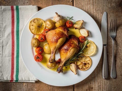 Italienskinspirerad ugnsbakad kyckling med körsbärstomater, rosmarin och citron