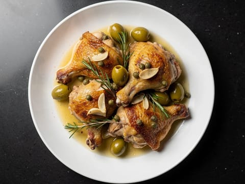 Pollo alla Cacciatora Bianco (κοτόπουλο μπρεζέ με λευκό κρασί, ελιές και κάπαρη)