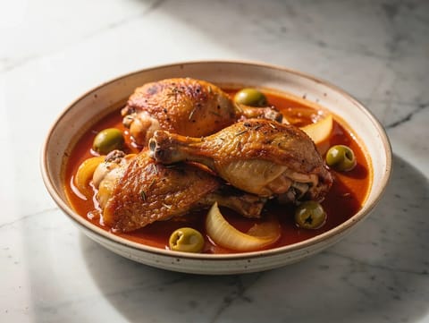 Pollo alla Cacciatora (Kyckling bräserad med tomat, oliver och rosmarin) Pollo alla Cacciatora (Kyckling bräserad med tomat, oliver och rosmarin)