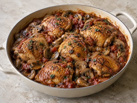 Pollo alla Cacciatora (italienisches Hähnchen mit Tomaten und Pilzen geschmort)