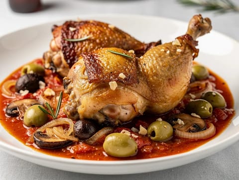Pollo alla Cacciatora (kuře dušené s rajčaty, červeným vínem a olivami)