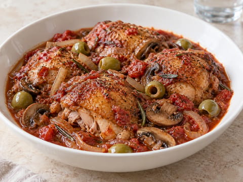 Pollo alla Cacciatora (kuře dušené s rajčaty, červeným vínem a olivami) Pollo alla Cacciatora (kuře dušené s rajčaty, červeným vínem a olivami)