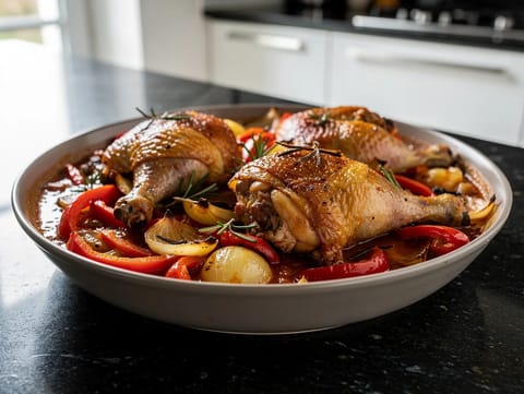Pollo alla Romana (kuře dušené s paprikami v rajčatové omáčce)