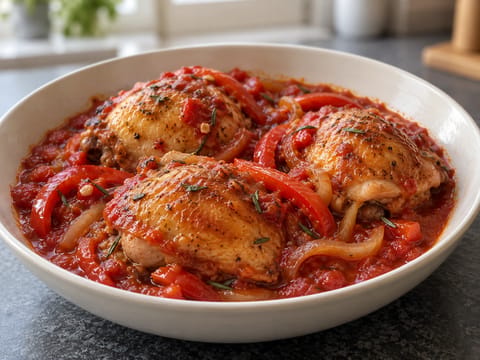 Pollo alla Romana (poulet braisé aux poivrons dans une sauce tomate) Pollo alla Romana (poulet braisé aux poivrons dans une sauce tomate)