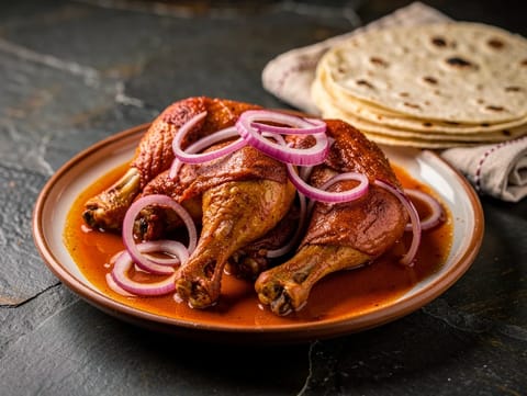 Pollo en Achiote (portakal ve kırmızı soğanlı achiote ile fırınlanmış tavuk)