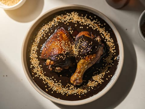 Pollo en Mole Negro Oaxaqueño (kana oaxacalaisessa mustassa mole-kastikkeessa) Pollo en Mole Negro Oaxaqueño (kana oaxacalaisessa mustassa mole-kastikkeessa)