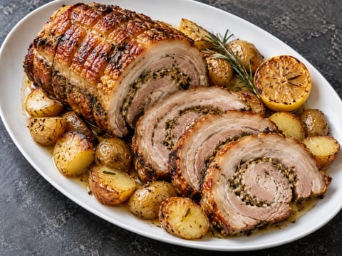 Porchetta con Patate al Forno (pancetta di maiale arrotolata con patate arrosto) Porchetta con Patate al Forno (pancetta di maiale arrotolata con patate arrosto)
