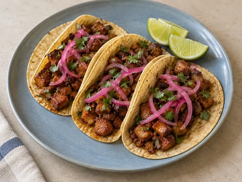 Porsas-adobo-tacot pikkelöidyllä punasipulilla