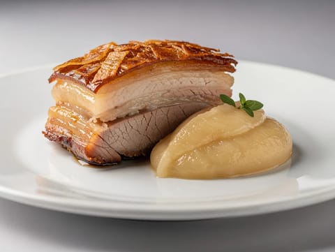 Poitrine de porc rôtie, sauce aux pommes et couenne croustillante Poitrine de porc rôtie, sauce aux pommes et couenne croustillante