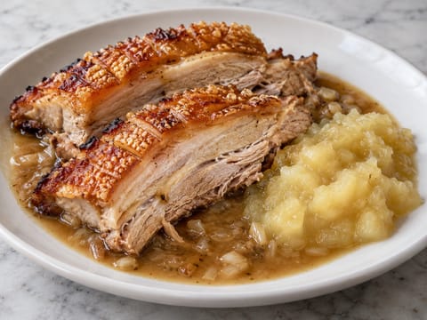 Fläsksida med cidervinssås och äppelmos Fläsksida med cidervinssås och äppelmos