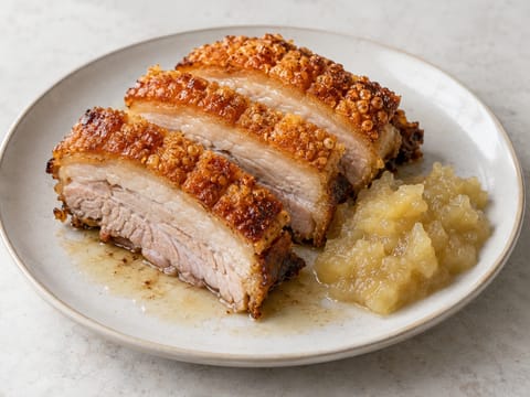 Poitrine de porc avec couenne croustillante et compote de pommes