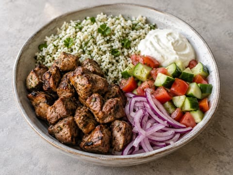 Souvlakibowl med fläsk och örtris Souvlakibowl med fläsk och örtris