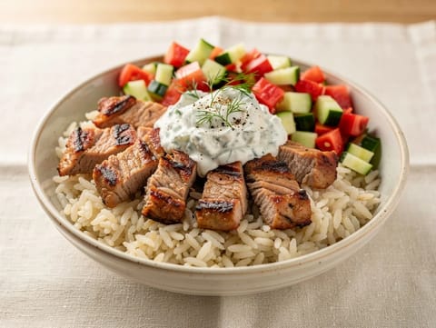 Pork Souvlaki Bowl met tzatziki en rijst Pork Souvlaki Bowl met tzatziki en rijst