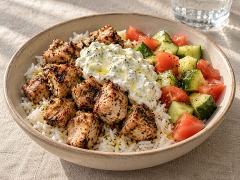 Bol cu souvlaki de porc, tzatziki și orez Bol cu souvlaki de porc, tzatziki și orez