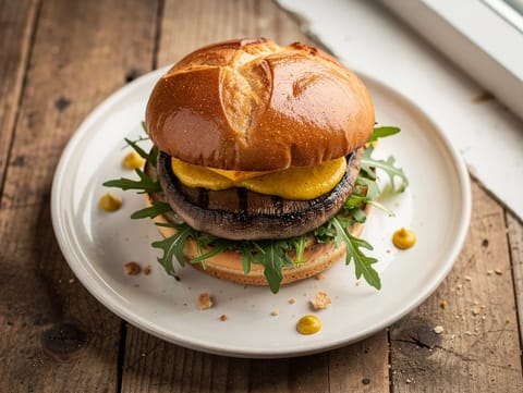 Burger ‘steak’ de portobello au cheddar, roquette et moutarde