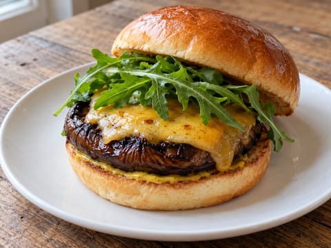 Burger s portobellem „steak“, čedarem, rukolou a hořčicí Burger s portobellem „steak“, čedarem, rukolou a hořčicí