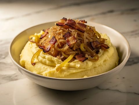 Ciotola di purè di patate con crauti e pancetta Ciotola di purè di patate con crauti e pancetta