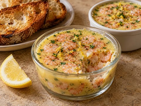 Potted Shrimp com pão de massa-mãe tostado Potted Shrimp com pão de massa-mãe tostado
