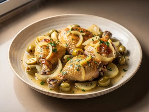 Poulet au Citron Confit (μπούτια κοτόπουλου με παστό λεμόνι και ελιές)