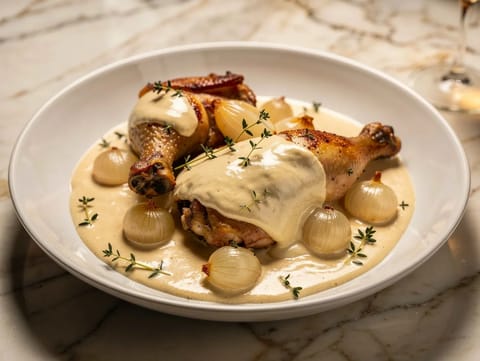 Poulet en Sauce Normande (kyckling i grädd- och äppelsås)