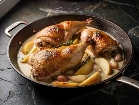 Poulet Vallée d’Auge (Hähnchen mit Calvados und Sahne) Poulet Vallée d’Auge (Hähnchen mit Calvados und Sahne)