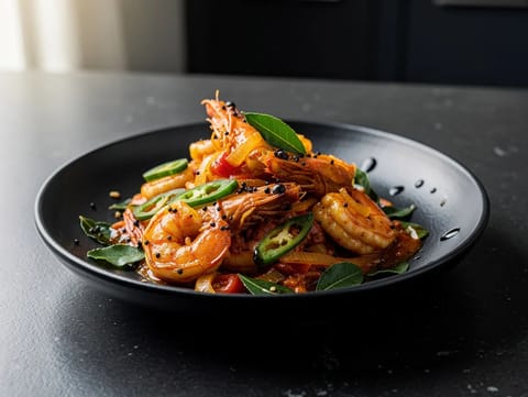 Masala di gamberi con foglie di curry e semi di senape