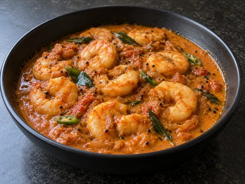 Masala de gambas con hojas de curry y semillas de mostaza Masala de gambas con hojas de curry y semillas de mostaza