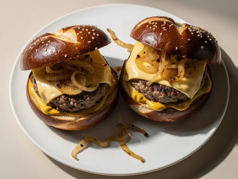 Burger i pretzelboller med emmentaler og sauterede løg