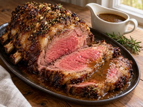 Prime rib-stek med rosmarin, hvitløk og oksekraftsaus Prime rib-stek med rosmarin, hvitløk og oksekraftsaus
