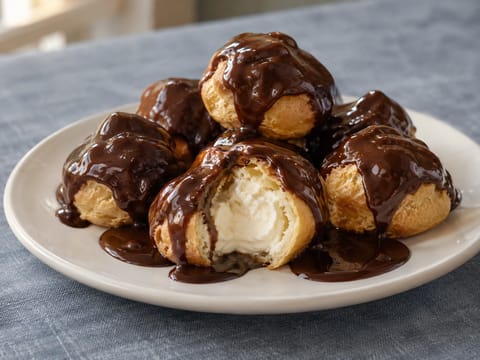 Profiteroles au Chocolat (képviselőfánk tejszínnel és csokoládészósszal) Profiteroles au Chocolat (képviselőfánk tejszínnel és csokoládészósszal)