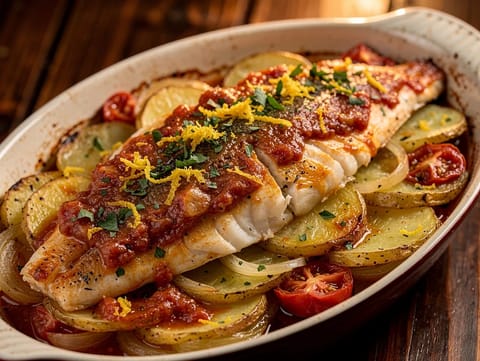 Psari Plaki (peixe assado com tomate e batatas)