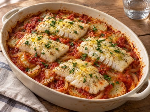 Psari Plaki (pesce al forno con pomodoro e patate) Psari Plaki (pesce al forno con pomodoro e patate)
