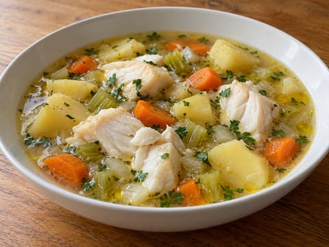 Psarosoupa (gresk fiskesuppe med sitron og grønnsaker) Psarosoupa (gresk fiskesuppe med sitron og grønnsaker)