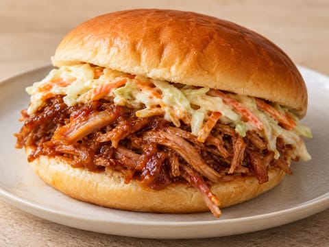 Pão bap de pulled pork com salada de couve Pão bap de pulled pork com salada de couve