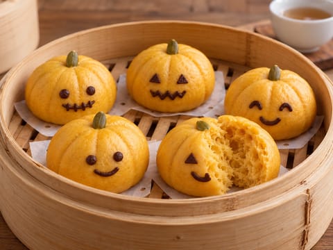 Chifle cu dovleac la abur, cu fețe de Halloween Chifle cu dovleac la abur, cu fețe de Halloween