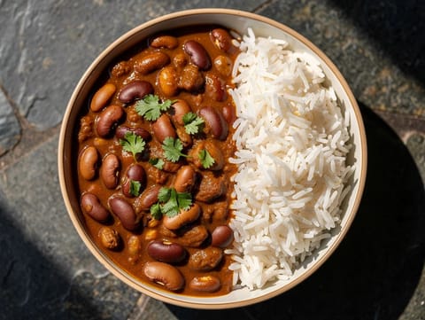 Rajma Chawal (caril de feijão-vermelho com arroz basmati) Rajma Chawal (caril de feijão-vermelho com arroz basmati)