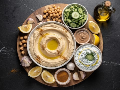 Ramadan iftar-mezzebricka med hummus och cacık