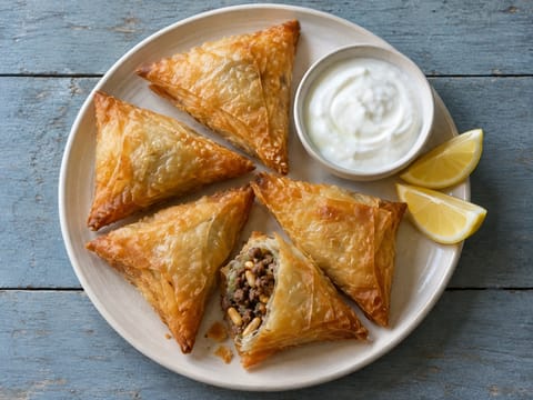 Travessa de sambousek (pastéis fritos de borrego com molho de iogurte)