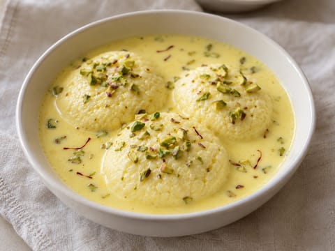 Rasmalai (indiska paneerknyten i saffransmjölk) Rasmalai (indiska paneerknyten i saffransmjölk)