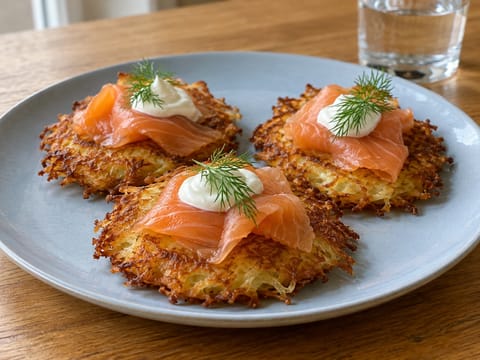 Reibekuchen mit Räucherlachs (perunaletut savulohen kanssa)